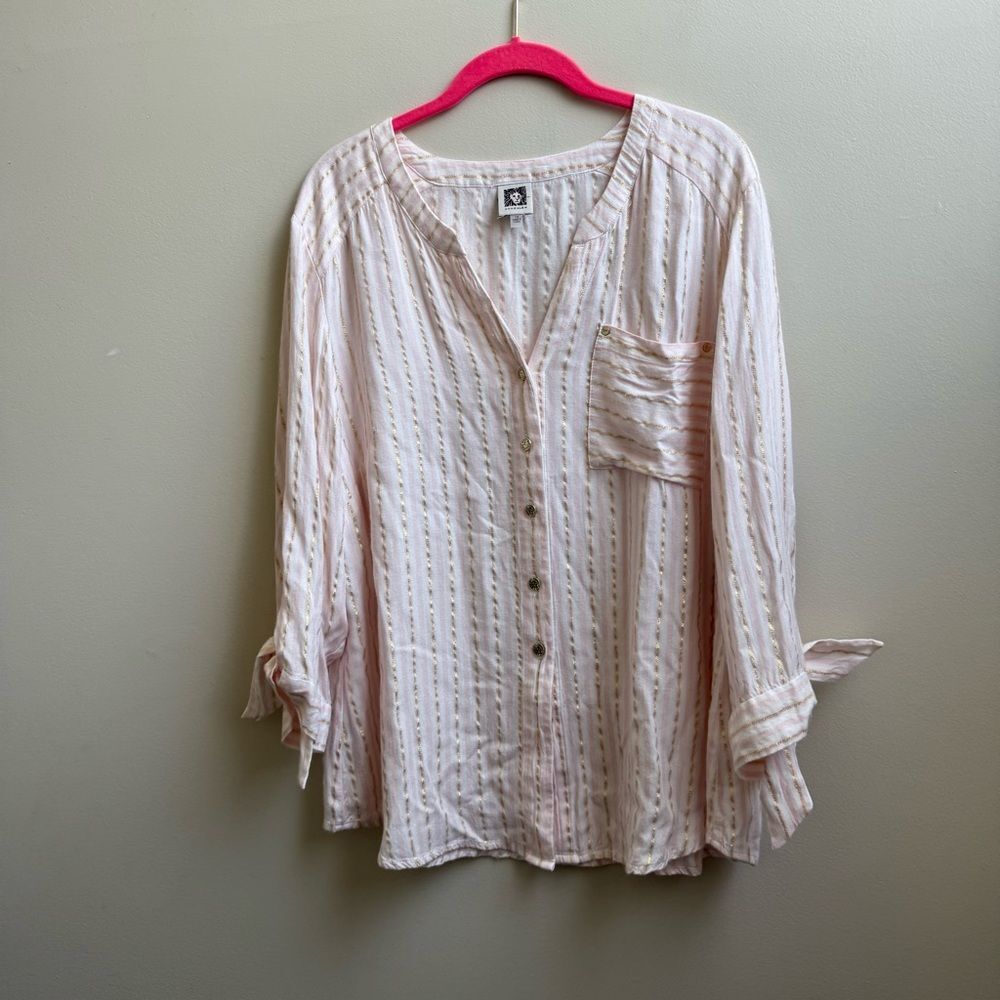 Ann Klein pink, white & metallic gold stripe blouse shirt Size 1X